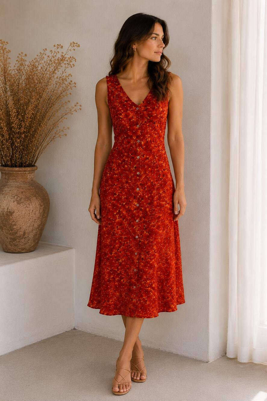 Vintage Scarlett Orange Floral Button Front Midi Dress Women’s 14 1990s Summer